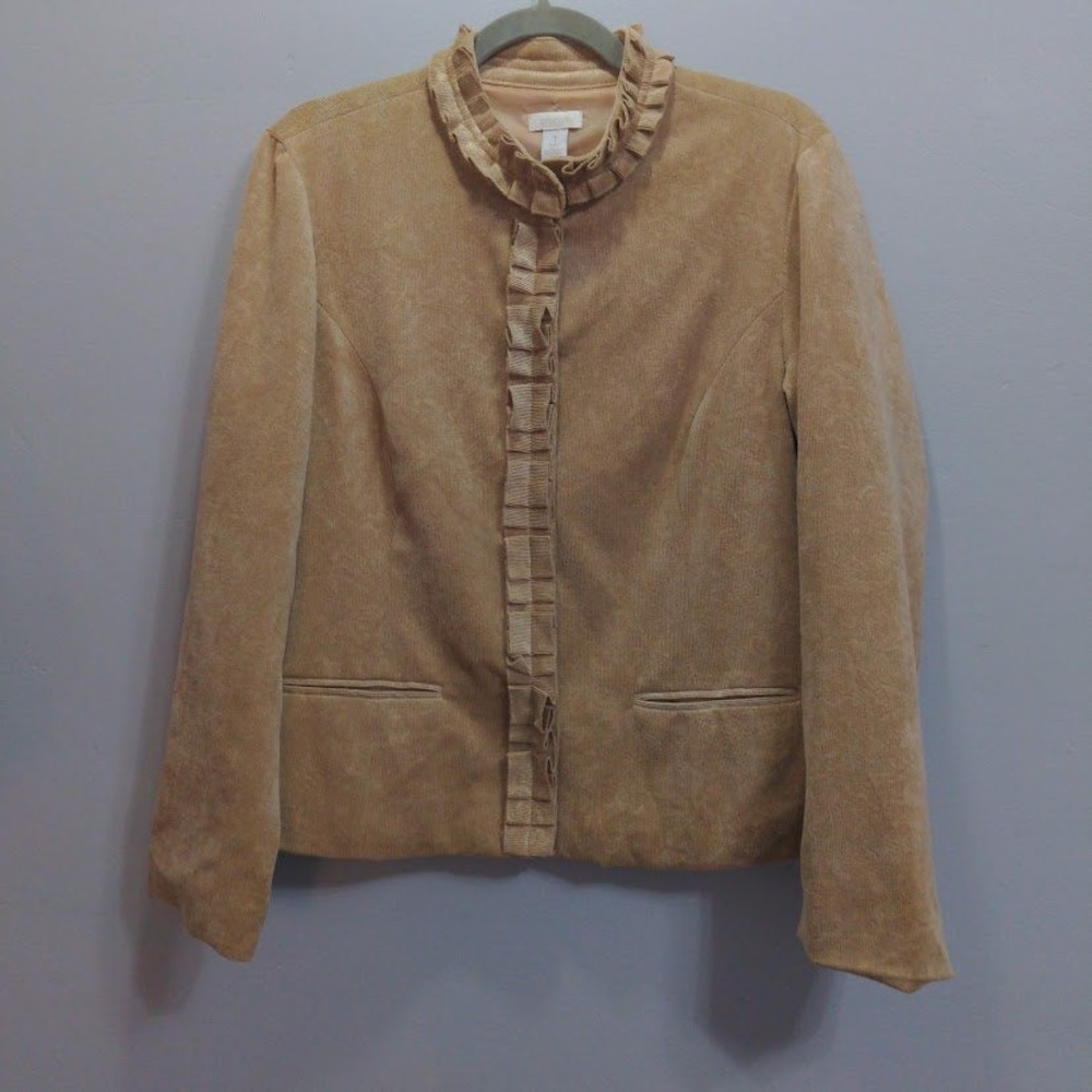 Chicos Tan Corduroy Ruffle Trim Jacket Beige Snap Front Blazer Womens Size 1 M